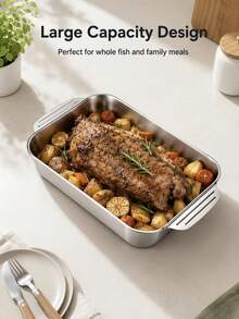 1pc Thickened Double Handle Stainless Steel Deep Baking Pan, Large Rectangular Hot Pot Serving Tray, Fruit Pizza Platter, Smooth And Easy To Clean, Suitable For Grilled Fish, Mixed Seafood, Shellfish, Hot Pot, Indoor BBQ, Party Banquet, Buffet, Home And Restaurant Use, Perfect For Food Preparation - Square Fish Roasting Pan - View 4