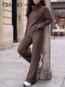 Autumn/Winter New Slouchy Maillard Style Stacked High Neck Knit Two Pieces Set Pants, Relaxed Slimming Convenient Matching Outfit Fall - Camel - View 6