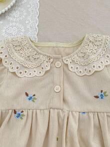 Spring/Autumn Baby Corduroy Long Sleeve Embroidered Lace Peter Pan Collar Romper For Girls - Apricot - View 4
