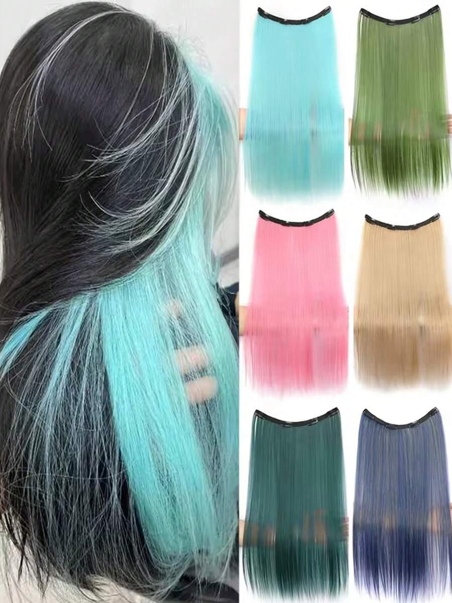 3pcs Women's Synthetic Long Straight Rainbow Hair Extensions, Halloween Dual-Tone Highlight Invisible Hair Pieces, Clip-In Hair Extensions, Ear-Hanging Hair Pieces, Highlight Hair Extensions, One-Piece Dopamine Colorful Gradient Hair Extensions, Seamless Volume Hair Extensions