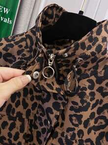 European & American Popular Women's Personalized Casual Versatile Leopard Print Zipper Short Stand Collar Jacket Coat, Suitable For College, Daily, Dating, Spring, Autumn, Winter - Multicolor - View 5