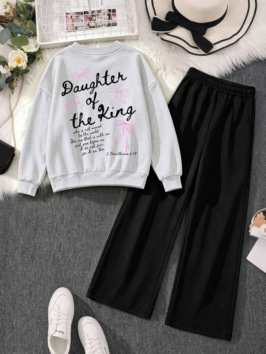 2pcs/Set Teen Girls Crew Neck Sweatshirt With Bow And English Print, Paired With Simple Casual Wide Leg Pants, Comfortable Autumn/Winter New Outfit - Light Grey - View 1