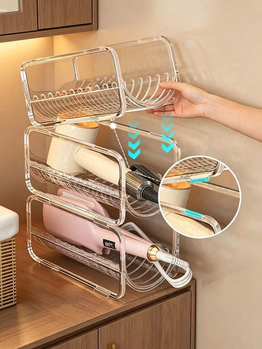 Curling Iron Storage Rack Transparent Stackable Hair Tool Organizer Suitable For Curling Irons, Straighteners And Hair Dryers Multi-Layer Countertop Shelf With Cable Management Function Bathroom Bedroom Dorm Space-Saving Styling Station