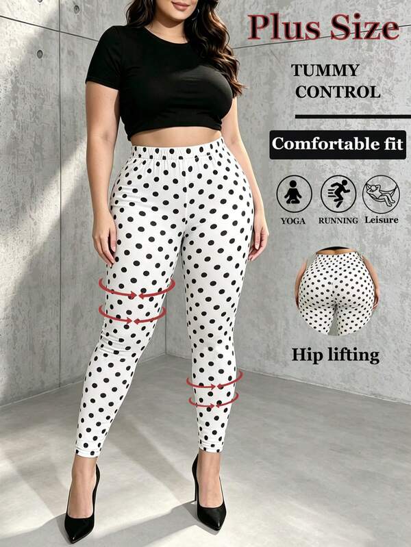 Plus Size Women's High Elasticity Tight Leggings, Fashion Polka Dot Print Pattern White Base Layer Pants, Tummy Control Butt Lift Slim Fit Cropped Leggings, Home Workout Exercise Stretching Yoga Pants, Daily Commute Vacation Travel Versatile Pants, Autumn/Winter