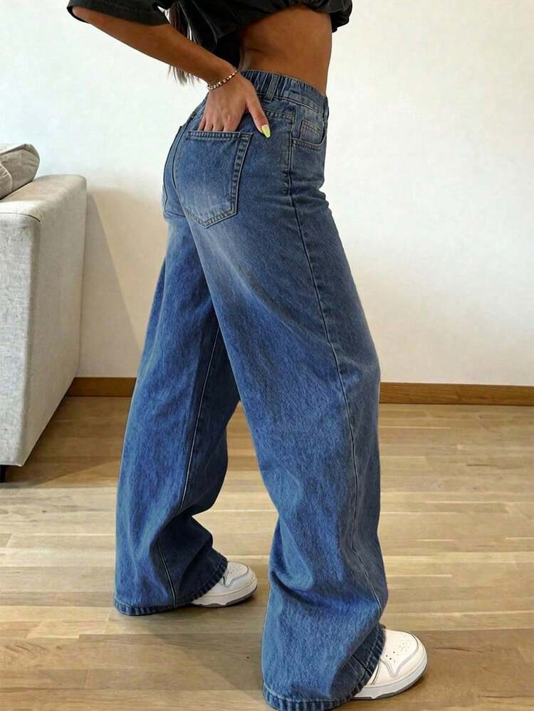 Plus Size Women Retro Minimalist Elastic Waist Loose Straight Leg Jeans Casual Fall - Dark Wash - View 3