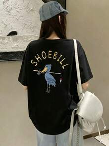 Women's Casual Loose Round Neck Letter & Cartoon Bird Print Short Sleeve T-Shirt, Versatile For Summer Black - Black - View 3