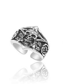 Set de 6 anillos geométricos lisos de acero inoxidable con diseños de estrella y calavera, al estilo clásico europeo y americano, adecuados para uso diario de hombres, fiestas y regalos de vacaciones - color acero - Ver 9