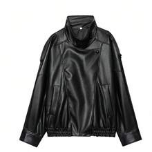 Jaket Bomber Kulit PU Vintage Baru, Jaket Kasual Warna Polos dengan Kantong Resleting, Jaket Kulit PU, Potongan Reguler - Hitam - View 5