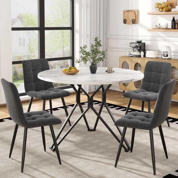 Set Of 4 Black Round Dining Table Set - 5 Pieces With Linen Stools