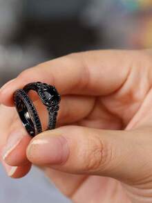 1 Set Of 2 Fashionable Rings With Artificial Cubic Zirconia Inlay, Unique And Personal Black Tone Wedding Proposal, Engagement, And Wedding Rings Presents For Friends - Black - View 3
