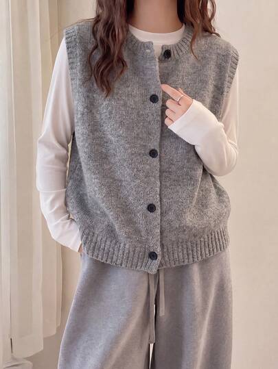 Women's Autumn/Winter New Vintage Grey Knit Round Neck Sweater Vest