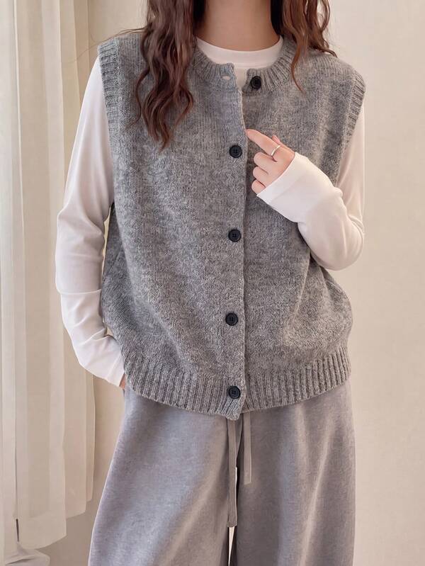 Women's Autumn/Winter New Vintage Grey Knit Round Neck Sweater Vest