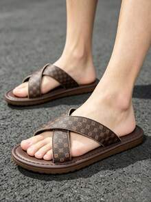 Men's Luxury Geometric Print PU Leather Sandals, Soft Anti-Slip Thick Sole, Hollow Detail Breathable Open Toe Flat Slippers, Lightweight Durable Flip Flops For All-Day Wear, Fashionable Versatile Cross Roman Sandals, Suitable For Summer, Home, Outdoor, Office, Vacation, Men's Anti-Slip Casual Sandals, Dual-Color Luxury Design (Brown / Black) Fits All Outfits, Perfect Choice For Summer And Casual Travel - Brown - View 5