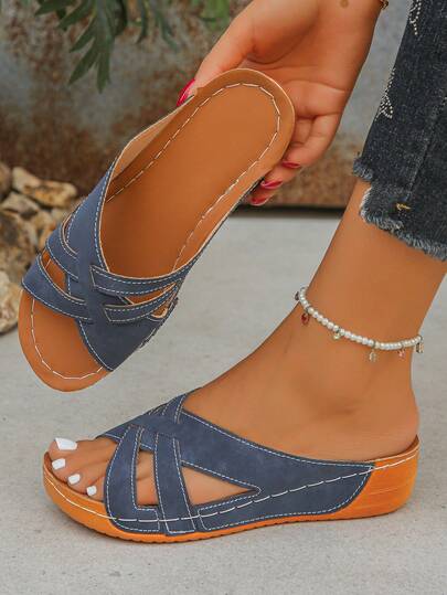 Plus Size 36-45 Classic Minimalist Fashion Blue Women's Suede Matte Cross Hollow Lace-Up Contrast Stitching Daily Commute Casual Open Toe Thick Sole Wedge Lightweight Comfortable Non-Slip Durable Versatile Sandals