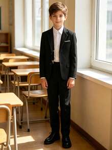 男童 3 件式正式西裝套裝，包含西裝外套、西裝長褲、吊帶，紳士風格，適用婚禮、生日派對、舞台、正式場合，黑色，4-16 歲 - 黑色 - 查看 4