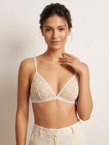1pc Women's French Lace Triangle Bra, Wire-Free Thin Style, Adjustable Shoulder Straps, Sheer Lace Lingerie With Small Bow - White - View 5