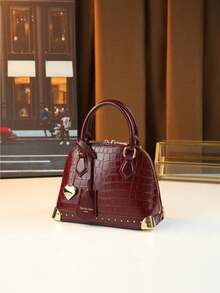 French Luxury Crocodile Embossed Shell Bag With Niche Metal Rivet Design, Shoulder Crossbody Handbag With Heart Pendant - Multicolor - View 2