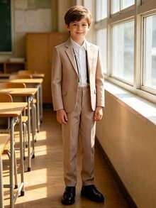 3-Piece Formal Suit Set For Big Boys, Lapel Blazer, Trousers And Suspenders, Suitable For Weddings, Birthday Parties, Stage Performances And Other Formal Occasions - Khaki - View 7