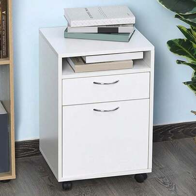 Bakaji Cassettiera Girevole Scrivania Casa Ufficio in Legno MDF con Cassetto e Ripiano Aperto 4 Ruote e Chiusura con Chiave Design Moderno Dimensione 40 x 35 x 60 cm Colore Bianco