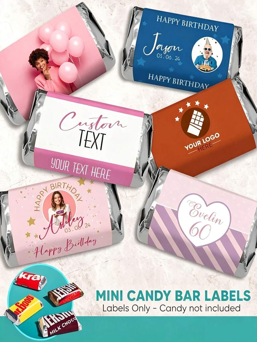 Customized Personalized Mini Candy Stickers, Stickers Only. Mini Candy Stickers, Customized Label Packaging. Exquisite Mini Candy Chocolate. Social Event Giveaways. Birthday Gifts. Mini Chocolate, Mini Candy Packaging, Mini Candy Bar Label Stickers