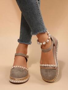 Bohemian Woven Closed-Toe Sandals For Women, Vintage Rivet Hemp Rope Thick Sole Back Strap Casual Beach Shoes - Khaki - View 2