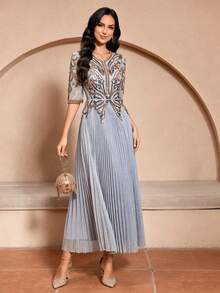 JINLICX Luxury Dusty Blue Gold Rhinestone Beaded V‑Neck Pleated Banquet Evening Gown - Silver - View 1