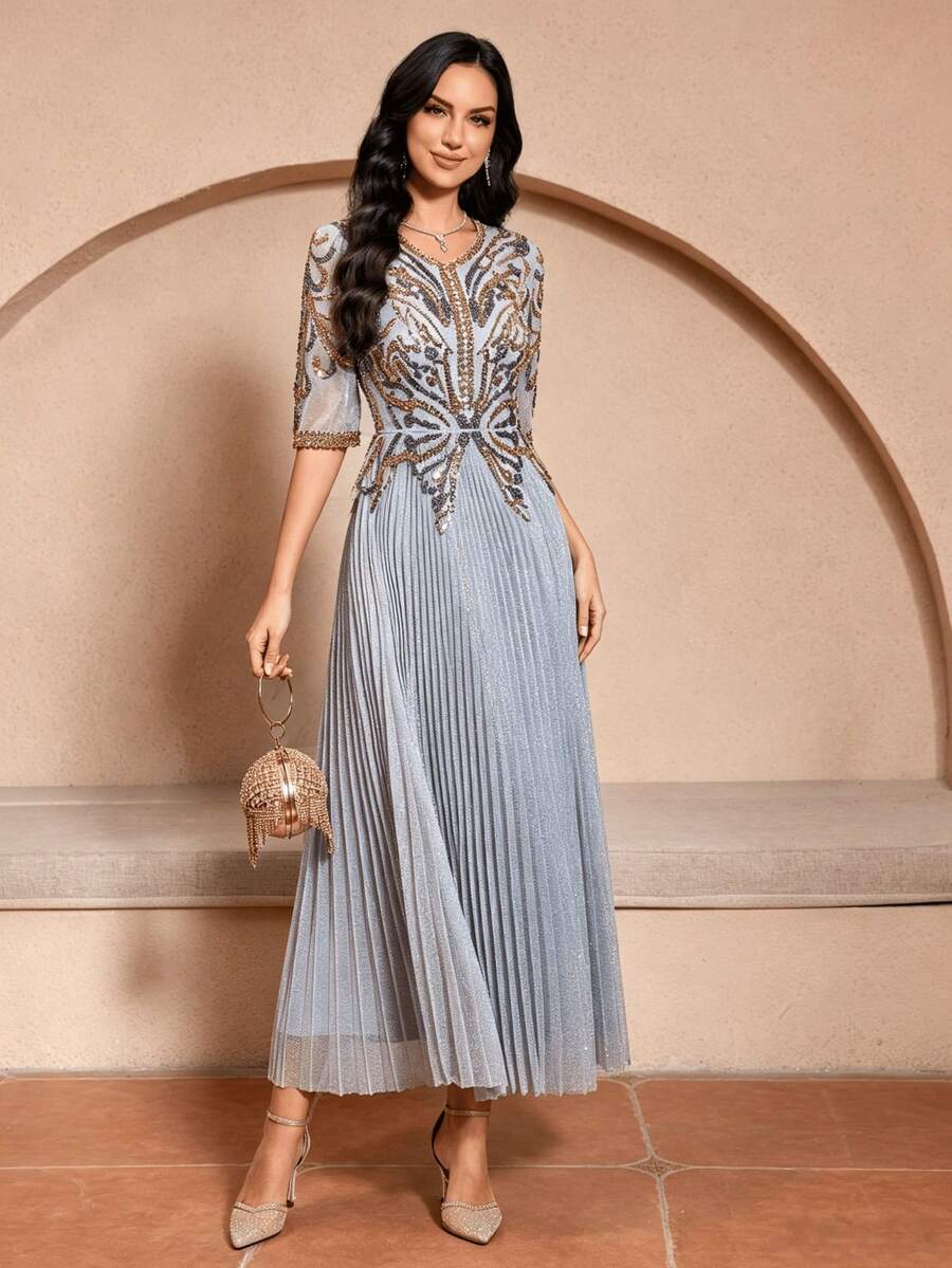 JINLICX Luxury Dusty Blue Gold Rhinestone Beaded V‑Neck Pleated Banquet Evening Gown - Silver - View 1