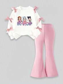 Young Girl Cartoon Print Round Neck Long Sleeve Top And Flared Pants Set - White - View 3