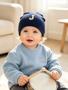 1PC Newborn Baby Caps Beanie A-Z Letter Cap Bonnet Newborn Photography Breathable & Comfortable For All Seasons, Suitable For 0–3 Years Old - Navy Blue - View 3