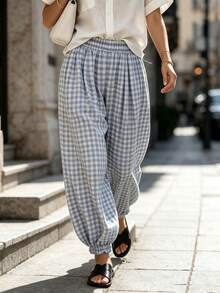 PEONY Women's Autumn Elegant Casual Vacation Bohemian Style Loose Light Gray Plaid Balloon Pants, Suitable For Summer Casual Holiday Outfits, Beach Vacation, Office Commute, Daily Wear, Beach, Party Gathering, Back To School, School Season, Holiday - Light Grey - View 4
