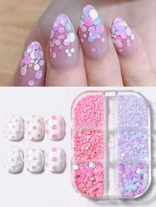 6-Grid Iridescent Pink & Purple Round Glitter Nail Sequins, Mixed Size Polka Dot Dreamy Decorative Pieces, Gradient Nail Art Design Accessories, Suitable For Women & Girls Home Salon DIY - Multicolor - View 1