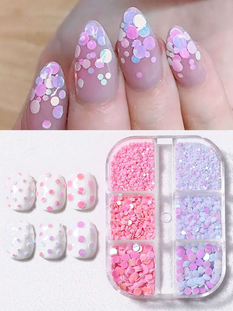 6-Grid Iridescent Pink & Purple Round Glitter Nail Sequins, Mixed Size Polka Dot Dreamy Decorative Pieces, Gradient Nail Art Design Accessories, Suitable For Women & Girls Home Salon DIY - Multicolor - View 1