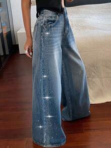 1 buah Celana Jeans Kasual Denim Motif Kumis Kucing Berhiaskan Berlian Imitasi, Potongan Longgar Pinggang Sedang untuk Wanita, Cocok untuk Kencan, Semua Musim, Musim Panas - Medium Wash - View 2