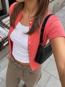 FOR BEAUTY 女款短袖針織開襟衫，紅色鈕扣圓領，休閒 Y2K 風格，適合派對、度假、外出與街頭穿搭，夏秋季節 - 西瓜紅 - 查看 6