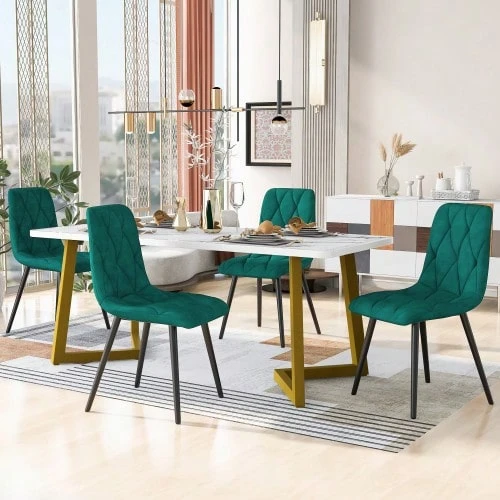 Dining Set (Set, 117*68cm Dining Table With 4 Chairs), Rectangular Dining Table Modern Kitchen Table Set, Dining Chair Dark Green Twill Velvet Kitchen Chair, Golden Table Legs - Green - View 1