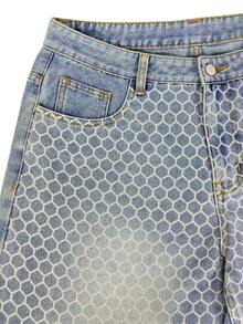 Quần jeans nam ống rộng suông rộng, màu xanh nhạt, in họa tiết tổ ong toàn thân, thiết kế ngách oversized phong cách Y2K hip hop streetwear denim - Rửa nhẹ - Xem 6