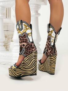 Women's Wedge Platform Sandals Boots, Black PU, Round Toe Open Toe With Cross Stud Decoration; Suitable For Party, Holiday, Outdoor; Multi-Functional, Height-Increasing, Waterproof - Multicolor - View 4