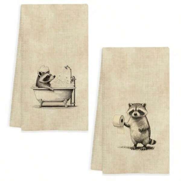 Funny Raccoon Bathroom Hand Towels, Gifts For Raccoon Lovers, Vintage Bathing Trash Panda Decorative Hand Towels For Bathroom Washroom Restroom Toilet, 16x24 Inch Set Of 2