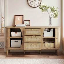 Sideboard With Sliding Doors And Wicker Drawers, Natural Color - Natural - 查看 2