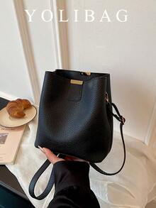 Black Litchi Texture Bucket Bag, Large Capacity Shoulder Crossbody Bag, Minimalist Commuter Versatile Women's Handbag - Black - View 2