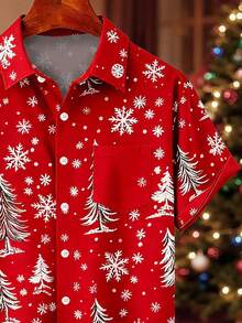 Christmas Holiday Print Round Ball Pattern Plus Size Men's Short Sleeve Shirt - Red - View 6