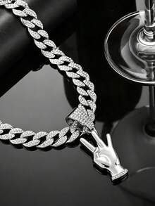 Victory Hand Gesture Rhinestone Pendant Cuban Necklace, Personalized Palm Charm, American Hip-Hop Street Style Gold/Silver Color Couple Matching Accessory - Gesture Pendant Necklace - View 5
