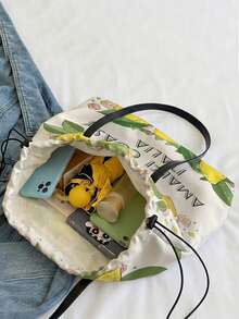 1pc Tote Bag, Fruit & Floral Print, Lightweight, Foldable, Fashionable, Personalized Handbag, Large Capacity Casual Shoulder Bag, Suitable For Work, School, Shopping And Daily Use - Multicolor - View 3