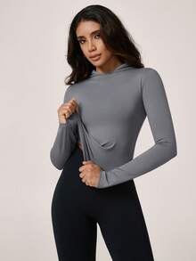 Women's Hooded Long Sleeve Slim Fit Pullover Stretch Solid Versatile Early Autumn Gym Running Cycling Hiking Golf Top - Grey - View 4