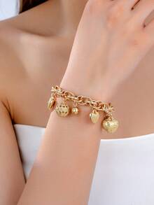 1pc Fashionable Hollow Metal Ball & Heart Pendant Chain Bracelet, Delicate Accessory For Daily Wear, Gift For Friends - Yellow Gold - View 14