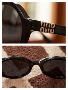Miu Miu Black Oval Frame Gold Logo UV Protection Fashion Women's Sunglasses Summer Beach Style - Black - View 6