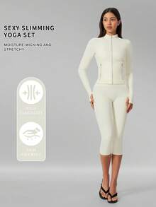 MFVIM Women's Versatile Yoga Set, Soft Skin-Friendly Fitted Jacket + Butt-Lifting Slimming Capris Leggings Riding Pants - Creamy White - View 2