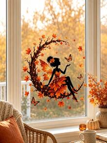 1pc Autumn Leaf Dancer Silhouette Window Sticker, Glue-Free PVC Static Cling, Creative Aesthetic Maple Leaf & Butterfly Glass Decal, Autumn Atmosphere Art Window Sticker - Multicolor - View 5