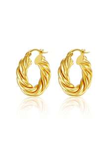 1pc European & American Luxury Style Thick Twisted Rope Hoop Earrings, Copper Plated Gold Hollow Lightweight Clip-On Earrings, High-End Versatile Commute Party Elegant Women's Jewelry - Gold - View 7