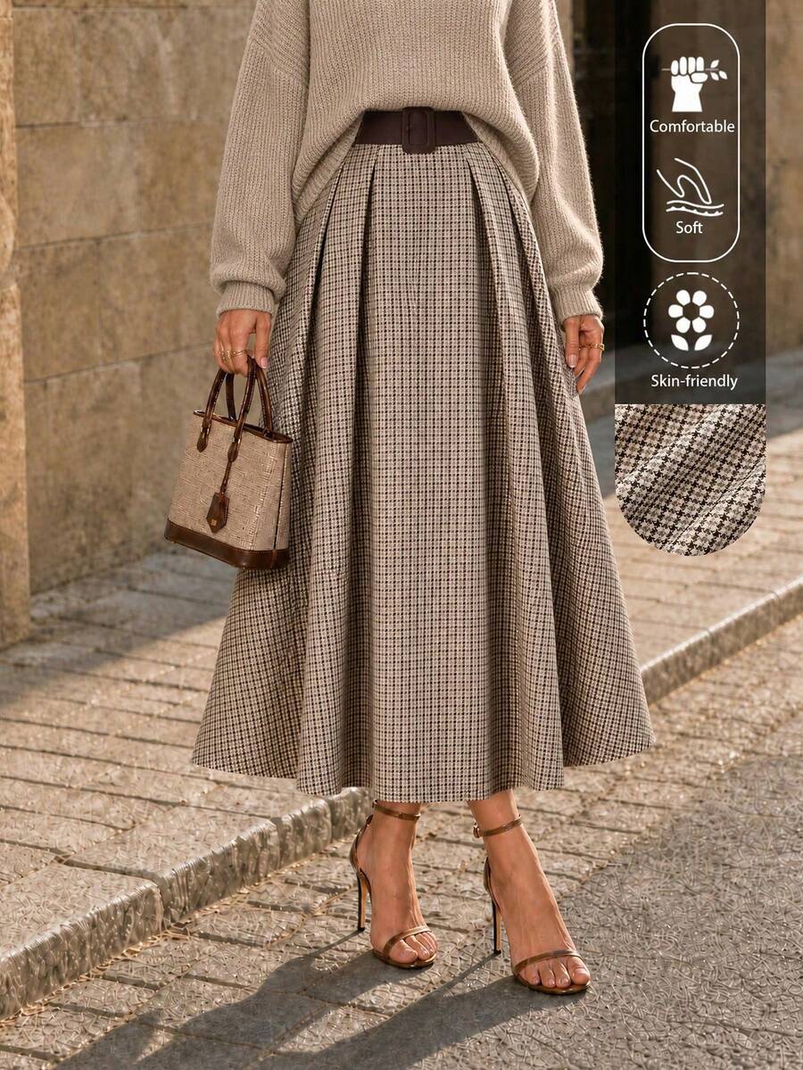 Women's Fashionable Plaid A-Line Skirt, Versatile And Elegant, Loose And Slimming Spring - Apricot Coffee - View 1
